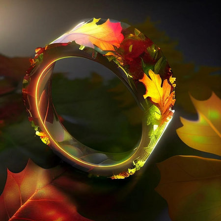Golden ring with autumn leaves on a dark background. 3d renderの写真素材