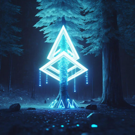 Neon christmas tree in the night forest. 3d renderingの写真素材