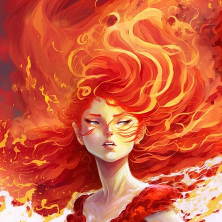 Beautiful girl with red hair and fire on a white background.の素材