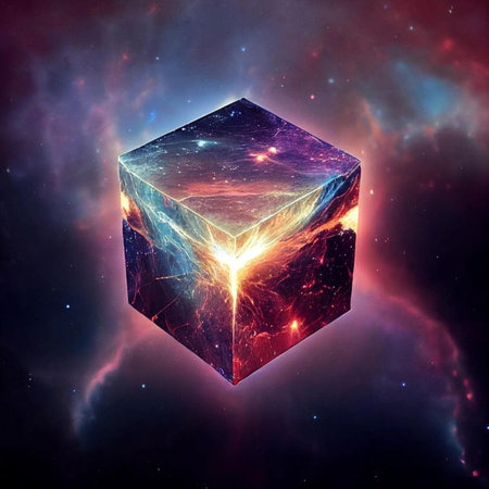Abstract cube in space surrounded by colorful nebula. 3D renderingの写真素材
