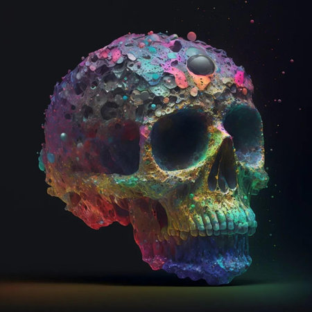 Skull with colorful drops of water on a dark background. 3d illustrationの素材