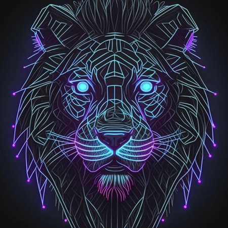 Lion head in neon style. Vector illustration of a wild animal.の写真素材