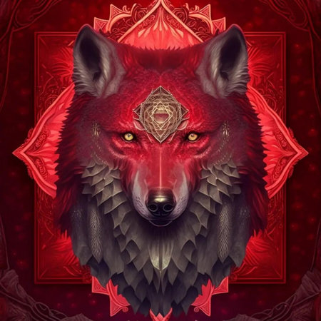 Illustration of a wolf with a red background and a lot of ornamentの写真素材