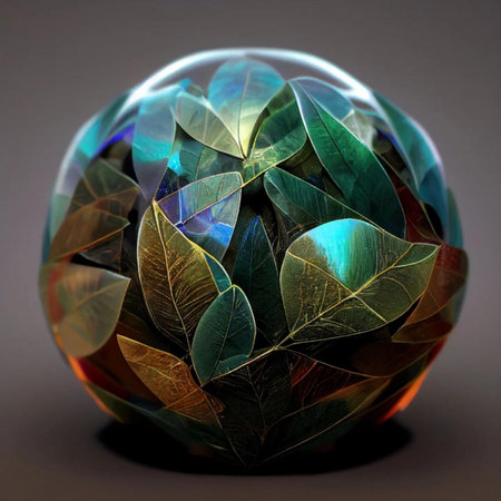 colorful glass ball with leaves isolated on gray background, close upの写真素材