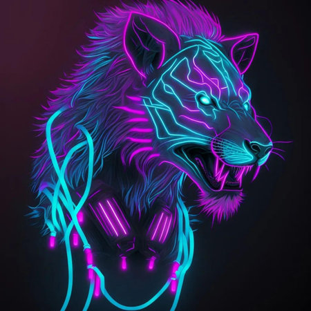 Illustration of a tiger with neon lights on a black background.の写真素材