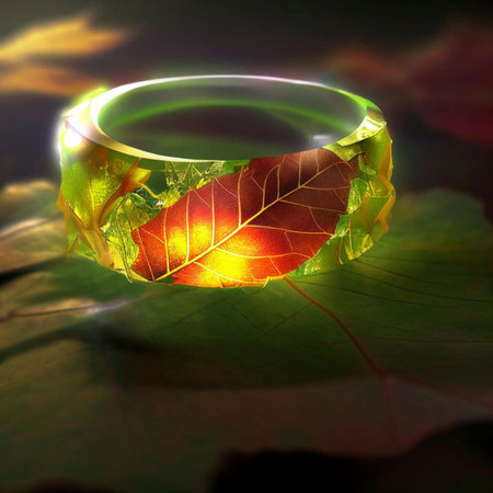 Gold ring on the background of autumn leaves. 3D illustration.の写真素材