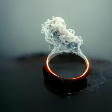 Wedding rings with smoke on a dark background, close upの素材