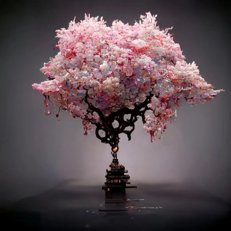 Bonsai tree with pink and white flowers on a dark backgroundの写真素材