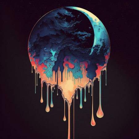 Colorful paint dripping from moon on dark background. 3D renderingの写真素材