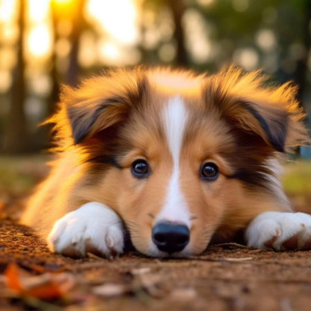 Shetland Sheepdog puppy lying on the ground in the autumn parkの素材