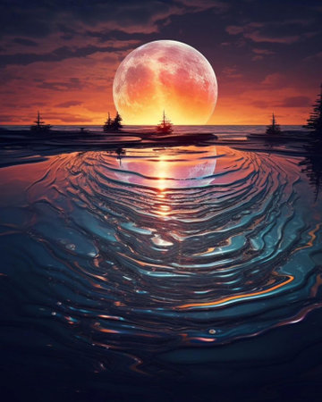 Fantasy landscape with a full moon over the lake at sunset.の素材