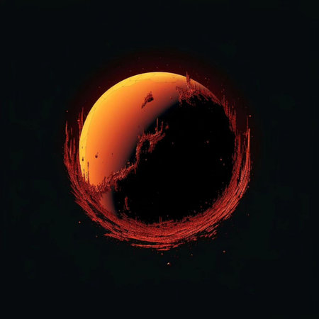 Illustration of a red planet on a black background with a grunge effectの写真素材