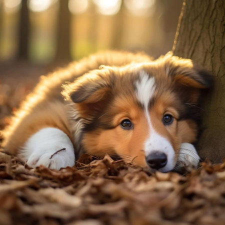 Australian shepherd puppy lying on the ground in the autumn forest and looking at the cameraの写真素材