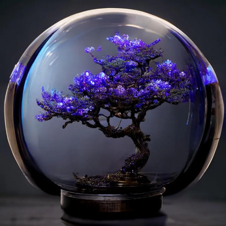 Bonsai tree in a glass sphere on a black background.の写真素材