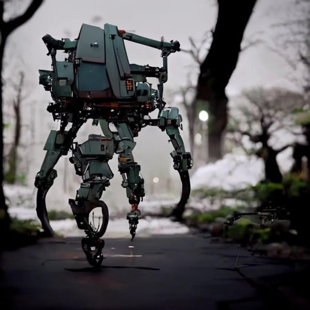 Futuristic robot in the park at night. Future technology concept.の写真素材