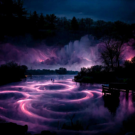 Fantastic light show on the lake at night in the forestの写真素材