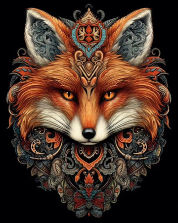 Portrait of a red fox with ornament. Hand-drawn illustration.の写真素材