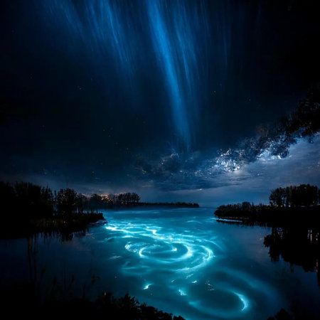 Milky Way over the lake at night with stars and clouds.の写真素材