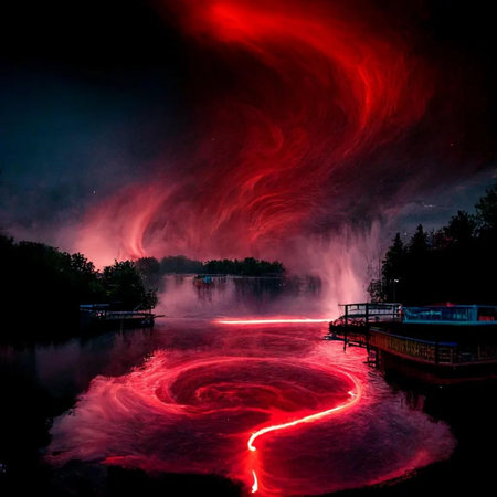Northern lights in a lake, with a reflection in the water.