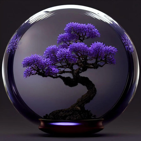 Bonsai tree in a glass sphere on a dark background.の写真素材