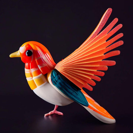 Colorful plastic toy bird isolated on black background, clipping path includedの素材