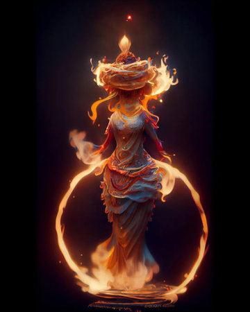Flaming candle in form of a woman with fire on black backgroundの素材