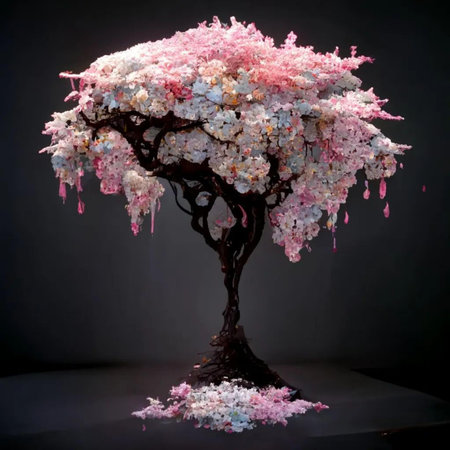 Beautiful cherry blossom tree on black background with copy space.の写真素材