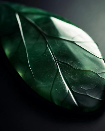 Green leaf on a black background. Shallow depth of field.の写真素材
