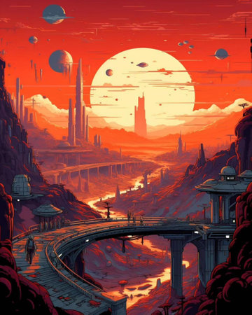 Fantasy landscape with a road on the background of the city.の写真素材
