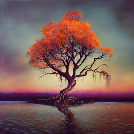 Autumn tree on the lake. Nature composition. Photo manipulation.の写真素材