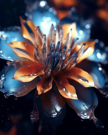 Water lily flower with water drops on black background. Close upの写真素材