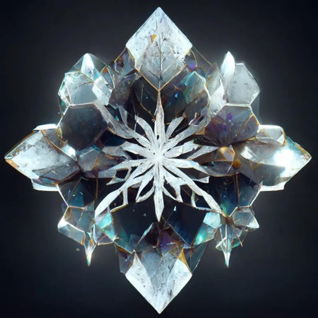 crystal snowflake on a black background, closeup of photoの素材