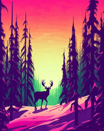 Silhouette of a deer in the forest. Vector illustration.の写真素材