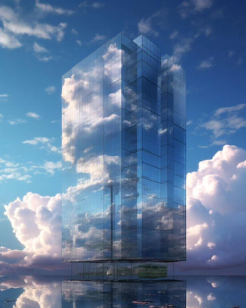 3d illustration of modern skyscraper in blue sky with white cloudsの写真素材