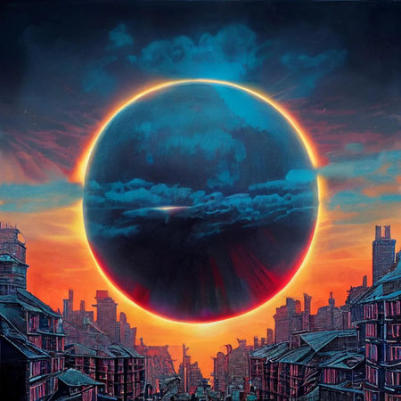 planet in the night sky on the background of the city, illustration