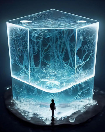 Silhouette of a man standing in an ice cube. 3D renderingの写真素材