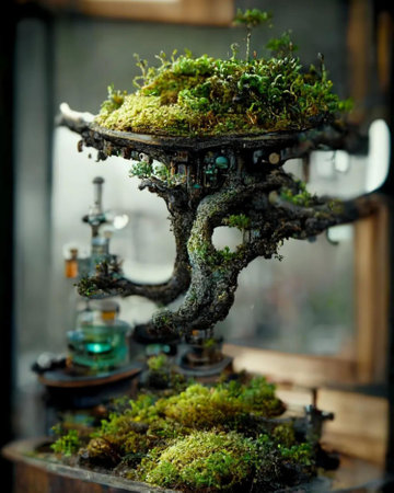 Bonsai tree made of green moss in the interior of the houseの写真素材
