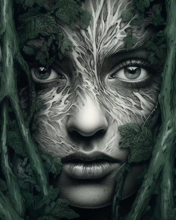Beautiful girl with green leafs on her face. Halloween.の素材