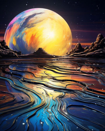 colorful fantasy landscape with river and full moon in the night sky