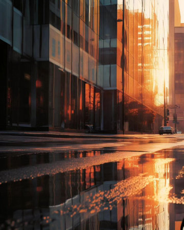 Reflection of buildings in a puddle of water at sunset.の写真素材