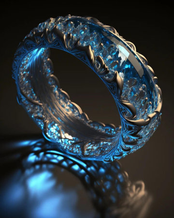 3d illustration of metal ring with blue reflection on black background.の素材