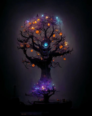 Halloween tree with lanterns on dark background. Halloween concept.