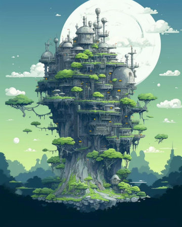Fantasy landscape with green planet and fantasy city - illustration for childrenの写真素材