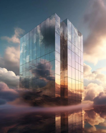 3D render of a modern skyscraper in the sky with clouds