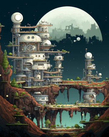 Space station on the background of the moon and the city. Digital illustration.の写真素材