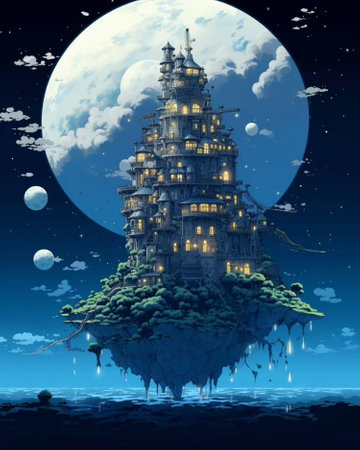 Illustration of a fantasy temple in the sea with a full moonの写真素材