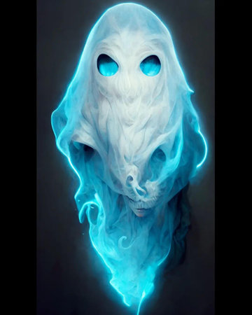 Halloween ghost with blue eyes on black background. 3d renderingの素材