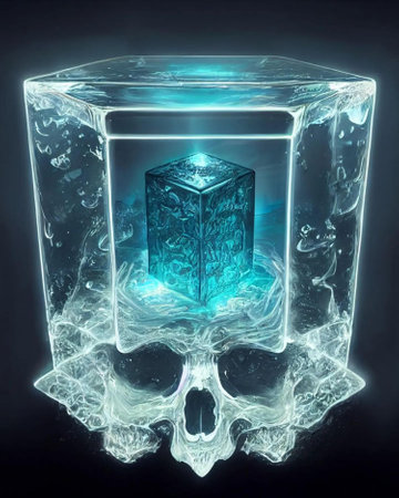 3d illustration of crystal cube with human skull and ice cube insideの写真素材