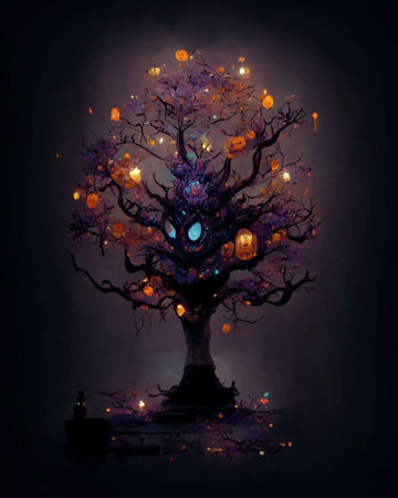 Halloween tree with light bulbs on dark background, digital painting.の写真素材