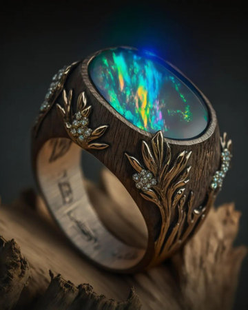 wedding ring on a piece of wood with a rainbow effectの写真素材